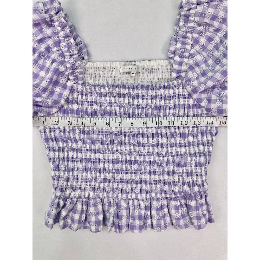NWOT English Factory Smocked Gingham Puff Sleeve Blouse Square Neck Lavender XS - Picture 8 of 9